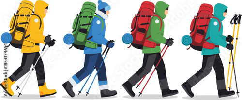 hiker silhouettes colorful set, trekking backpack walking poles, outdoor adventure travel, mountain hiking, camping gear, explorer journey, nature activity concept