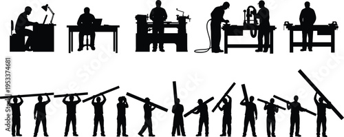 industrial worker silhouettes set, factory machining tools, carrying materials teamwork, manufacturing labor, engineering production, workshop activity, professional workers concept design