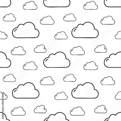 A seamless pattern of simple black and white line-drawn clouds scattered across a white background