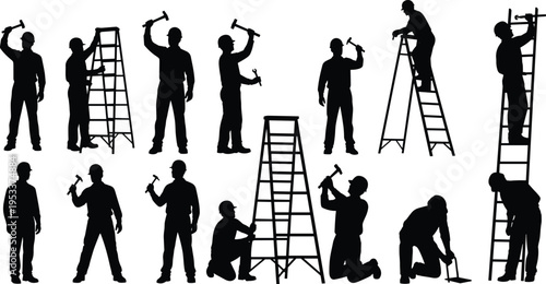 construction worker silhouettes set, ladder hammer tools, industrial labor activities, building maintenance, engineering construction, manual work, professional workforce concept design