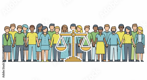 Diverse group of people standing around a large scale symbolizing justice and equality in a vibrant colorful illustration