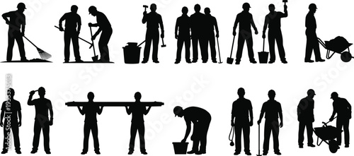 Diverse Construction Worker Black Vector Silhouettes Set Featuring Laborers with Shovels Wheelbarrows and Tools Isolated on White Background for Industrial Design