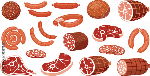 Meat and sausage vector set with steak salami ham bacon and deli products food illustration collection