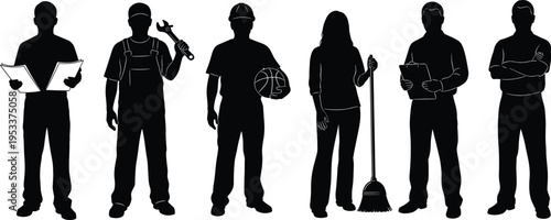 Diverse group of workers silhouettes representing professional occupations including technician, mechanic, athlete, cleaner, business manager and skilled labor on white background