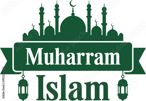 Green Muharram Islam logo with mosque silhouette and lanterns on transparent background .