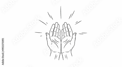 Hands together in prayer with sunburst lines symbolizing hope and spirituality in a simple black line art style