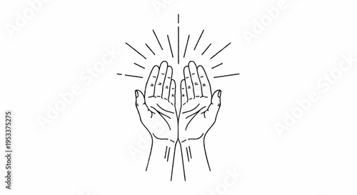 Hands together in prayer with sunburst symbolizing hope and spirituality in a simple line art style