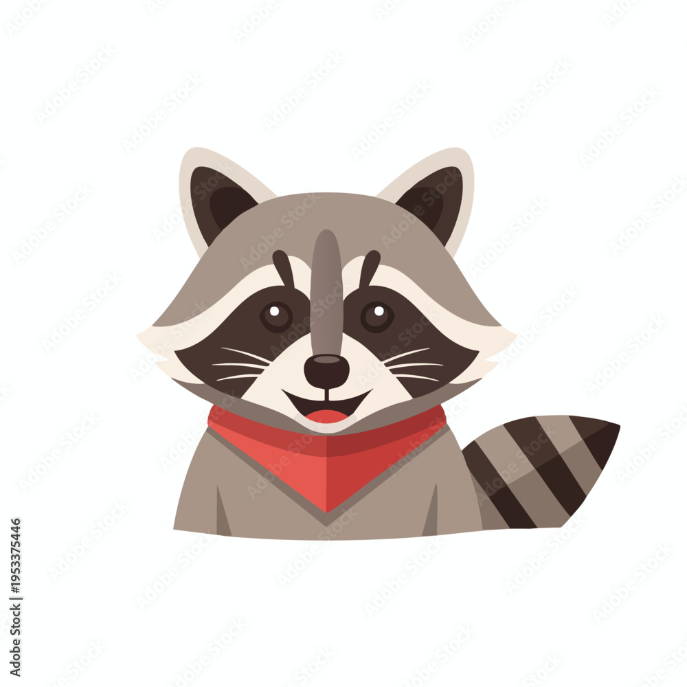 Fototapeta premium Cute raccoon character with grey fur, black mask, red bandana, and striped tail