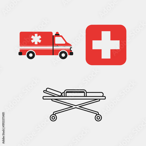 Emergency Medical Services Icons Ambulance Stretcher First Aid.