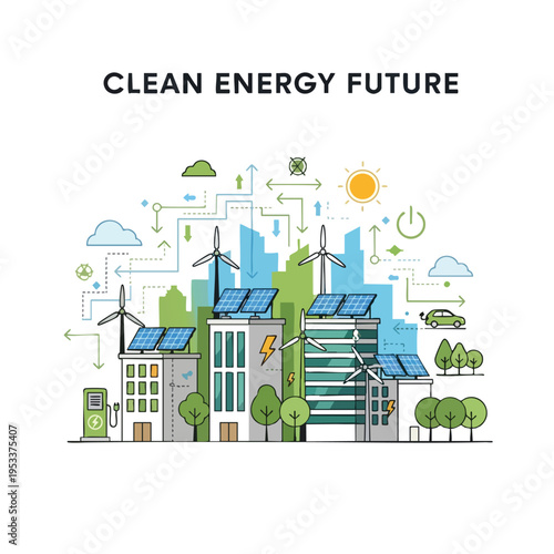 Illustration of a futuristic city powered by clean energy sources