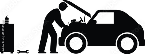 Silhouette of a professional mechanic technician repairing a car engine under an open hood in a garage workshop with tools and oil container