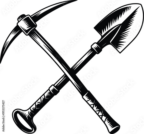 Crossed pickaxe and shovel illustration, mining tools vintage engraving style isolated vector graphic