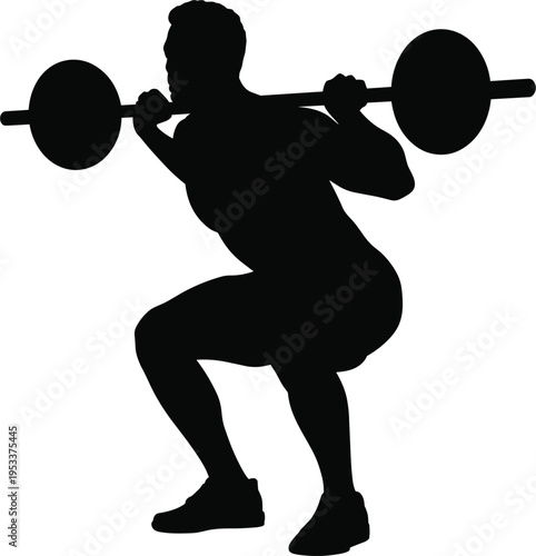 Man doing barbell squat silhouette, weightlifting exercise strength training fitness workout