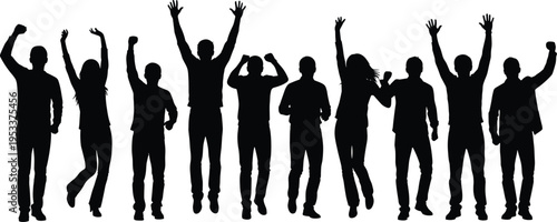 Silhouette of diverse happy people group jumping and cheering with raised arms celebrating success victory and teamwork over isolated white background for commercial business