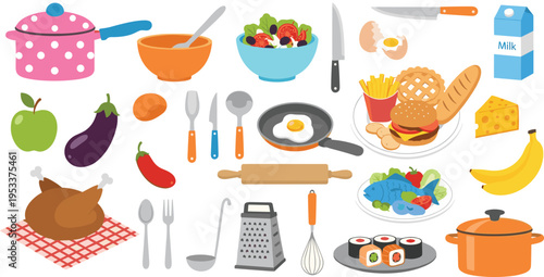 Kitchen cooking vector set with utensils food ingredients meals cookware breakfast lunch dinner illustration collection elements