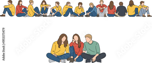 Set of young people sitting on floor in casual clothes and line of diverse teenagers relaxing together isolated on white background vector illustration