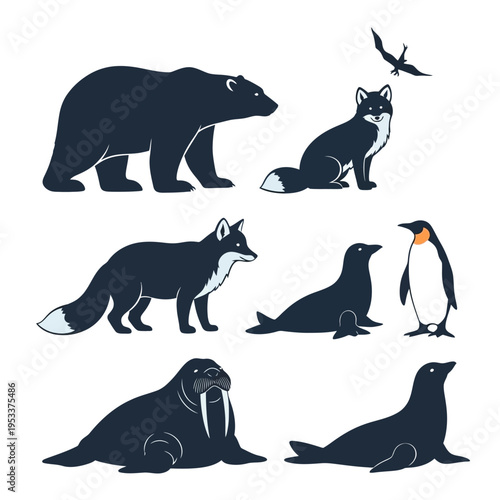 Collection of Arctic and Antarctic Animals in Silhouette Style.