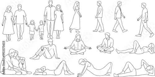Hand drawn line art doodle set of diverse people families couples walking sitting and relaxing in different poses isolated on white background vector illustration