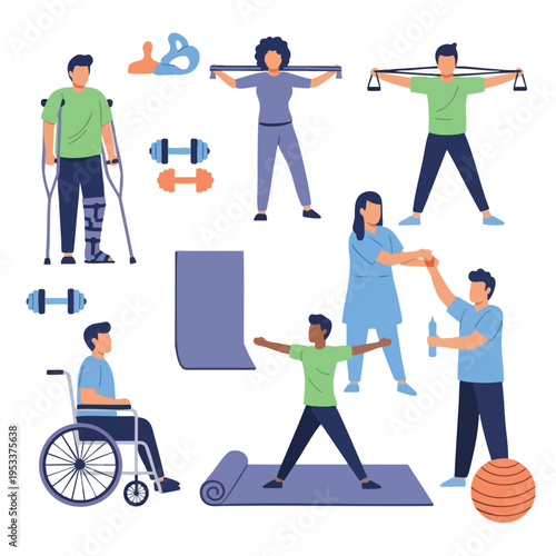 Diverse individuals engage in physical therapy, exercise, and rehabilitation with various equipment