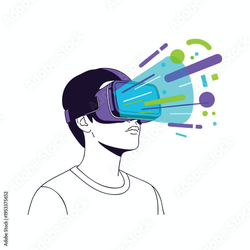 Person wearing virtual reality headset with abstract colorful lines emanating from it