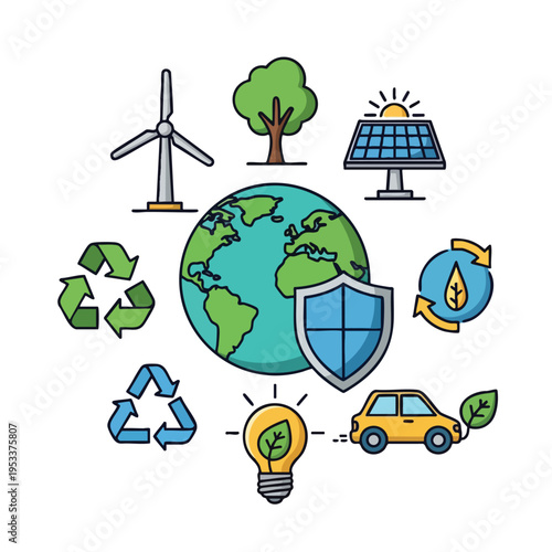 Planet Earth protected by shield surrounded by green energy symbols