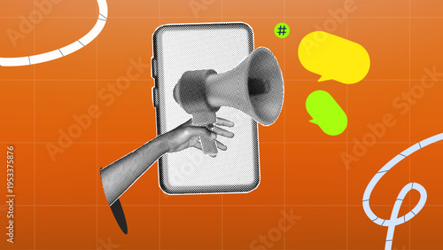 halftone collage, social media Announcement, with smartphone hand gesture hand holding megaphone and speech bubble, for online promotion, content sharing, engagement mobile marketing strategy