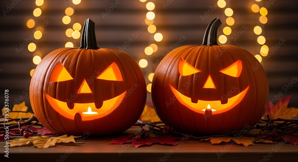 Fototapeta premium Glowing jack o lanterns on a wooden table with string lights