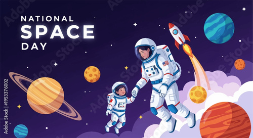 Two astronauts in space with planets and rocket national space day theme with vibrant cosmic background