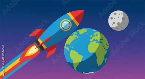 Rocket ship blasting off into space with earth and moon in background at sunset