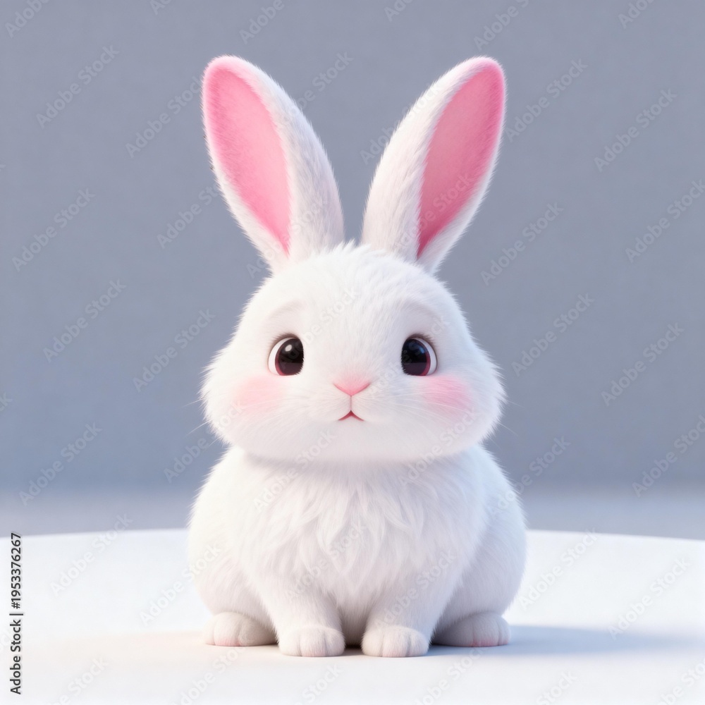 Fototapeta premium Cute Fluffy White Cartoon Bunny with Pink Ears