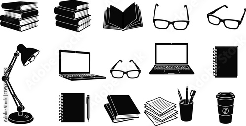 Office and study vector silhouette set with books laptop glasses notebook coffee and workspace elements illustration