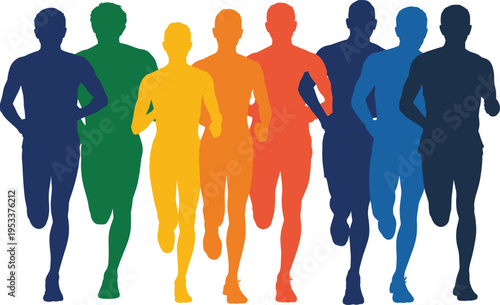 Colorful running people silhouettes group, diverse athletes jogging together in vibrant fitness illustration
