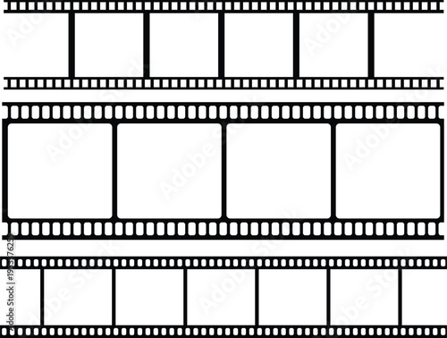 Grunge film strip icon set with vintage texture, distressed cinema frame collection, retro movie reel design group, old photography strip , analog media element for creative projects.