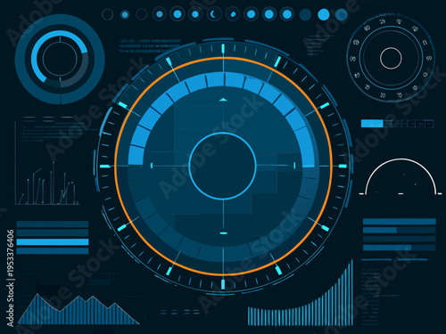 Futuristic user interface with circular radar and data visualization elements