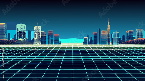 Futuristic cityscape with glowing neon grid and towering skyscrapers