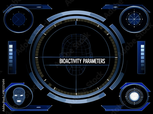 Futuristic interface displaying a human head scan and bioactivity parameters