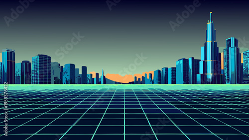 Retro cityscape with a glowing grid and distant stylized buildings