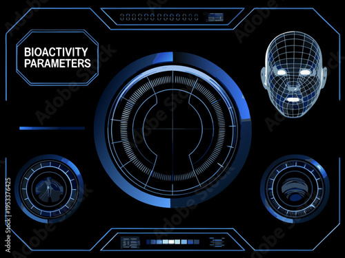 Futuristic interface displaying bioactivity parameters and a human head scan
