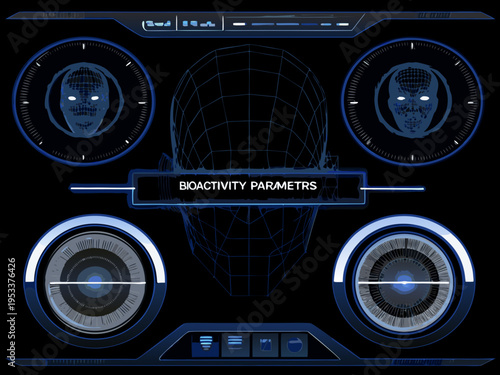 Futuristic interface displaying biometric data and a wireframe human head