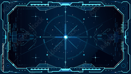 Futuristic interface display with targeting reticle and technological elements