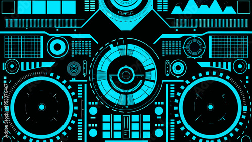Abstract futuristic interface with glowing cyan lines on a black background