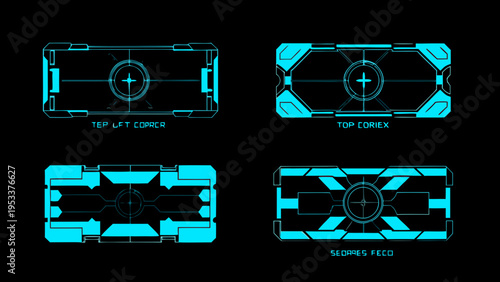 Futuristic interface elements top side and isometric views in cyan