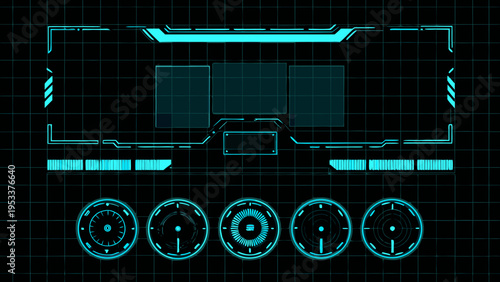 Futuristic interface with glowing cyan elements on a dark grid background