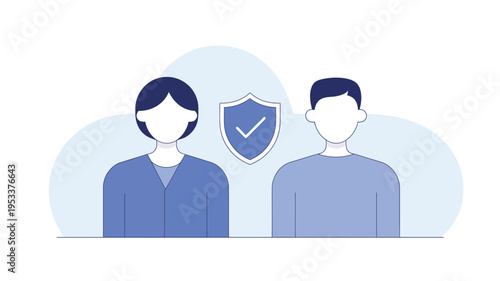 Two People Standing With Shield Icon For Security And Protection Concepts