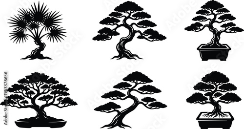 Zen inspired collection of black bonsai tree silhouettes featuring traditional Japanese miniature trees and potted plants for meditation, garden landscape design, and peaceful oriental branding