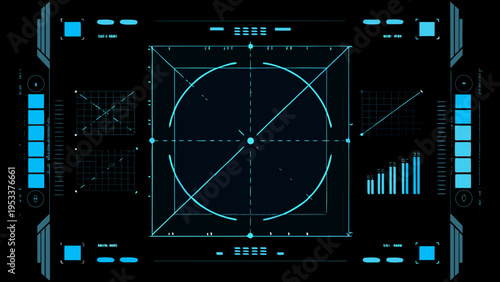 Futuristic heads up display with targeting reticle and data visualizations