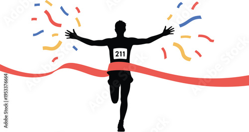 Runner crossing finish line with raised arms, marathon victory celebration, race success moment, athletic achievement, sports competition winner, endurance triumph illustration