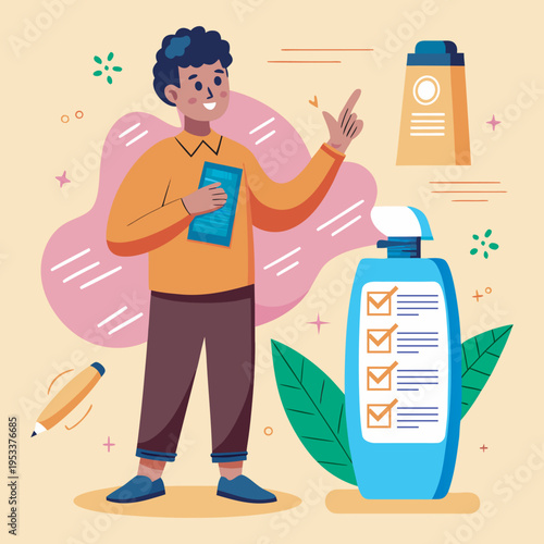 Skincare product checklist concept with consumer reviewing cosmetic bottle and ingredients illustration