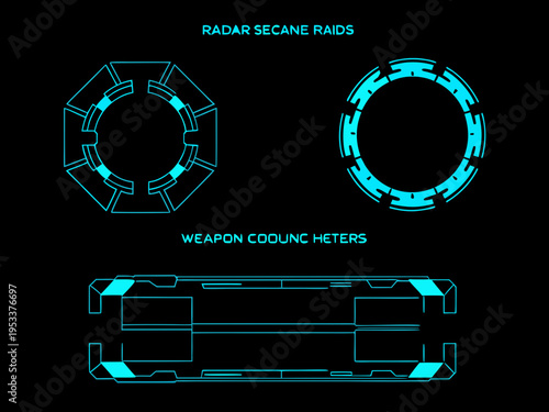 Schematic diagrams of futuristic technology components on a black background