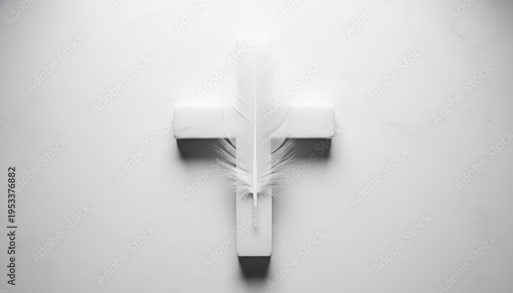 Naklejka premium White cross feather peace religion memorial spirit purity symbolic religious concept for Christianity, funeral sympathy or hope featuring a soft white plume on a stone cross setup.